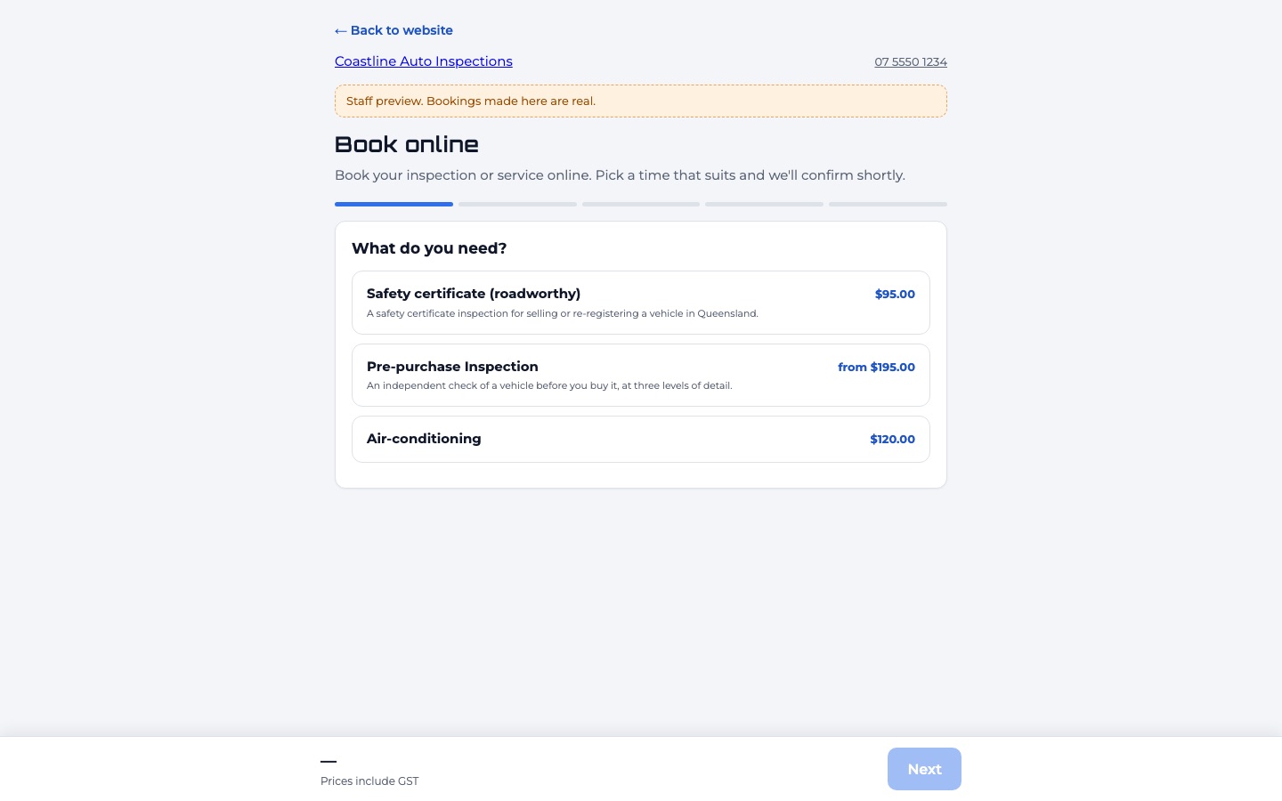 The public booking page