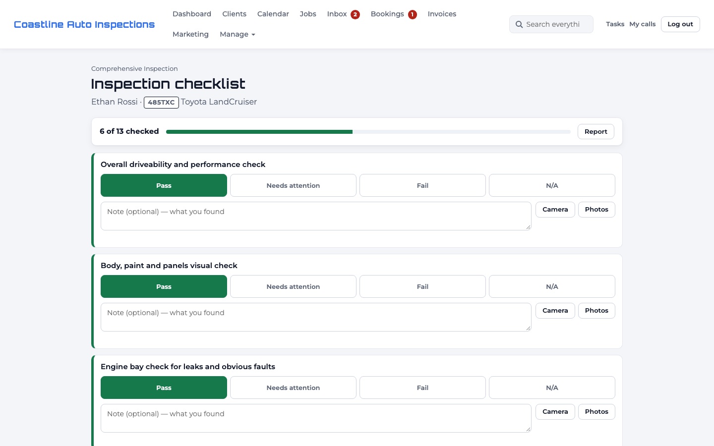 An inspection checklist