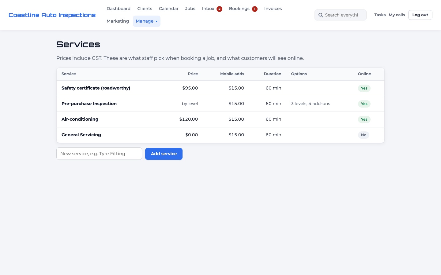 Services and prices