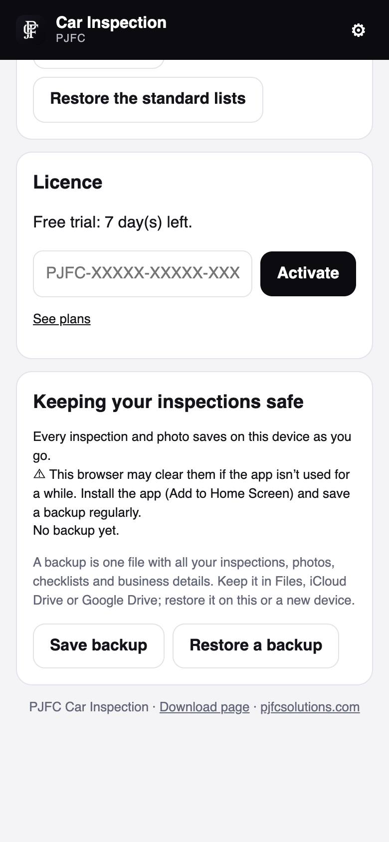 Licence and backup settings