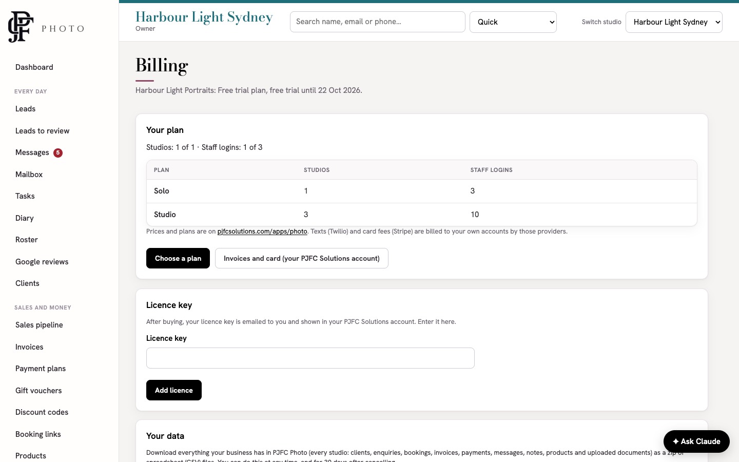 The Billing page showing the trial end date, the Solo and Studio plans and the licence key box