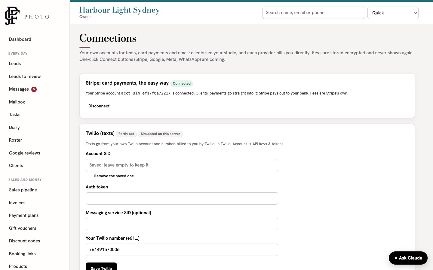 The Connections page with Stripe connected and the Twilio key boxes