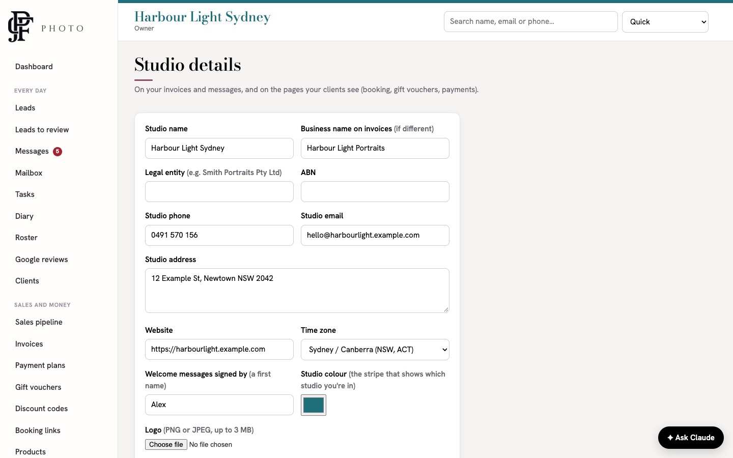 The Studio details form with name, ABN, phone, email, address, time zone, colour and logo fields