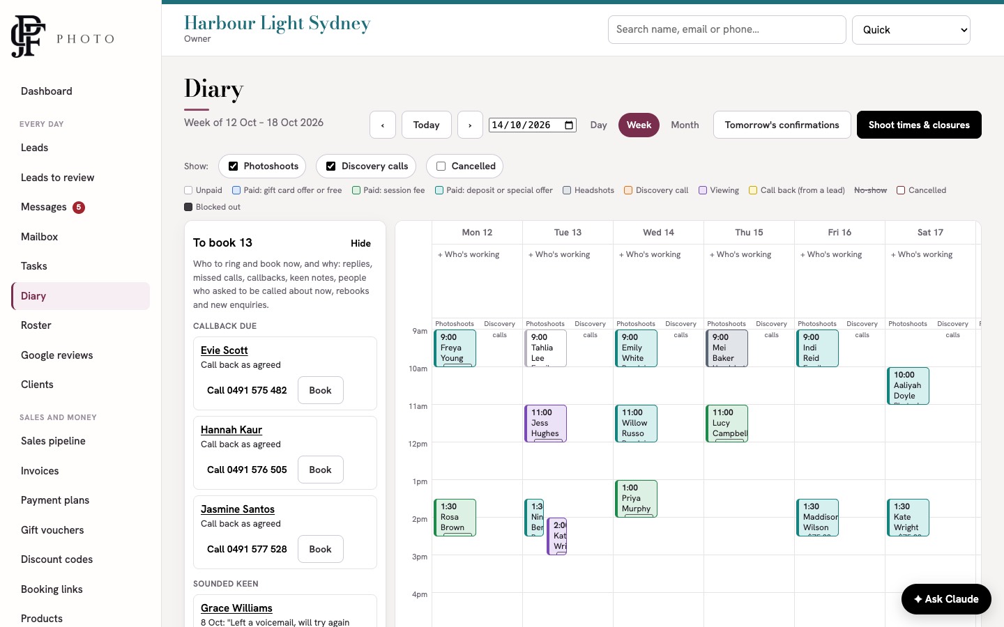 The diary week view with appointments and the To book list on the left