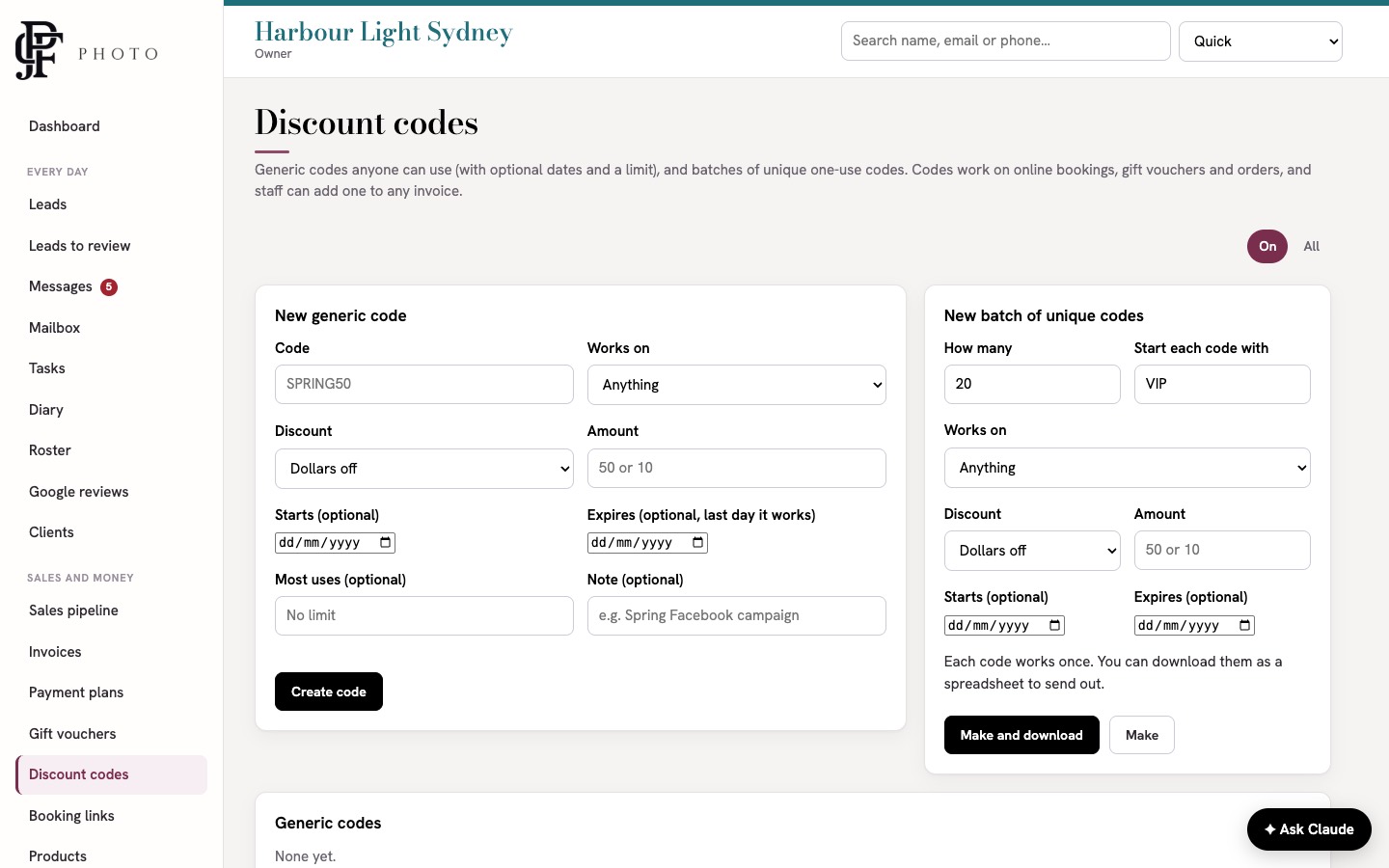 The Discount codes page with forms for a generic code and a batch of unique codes
