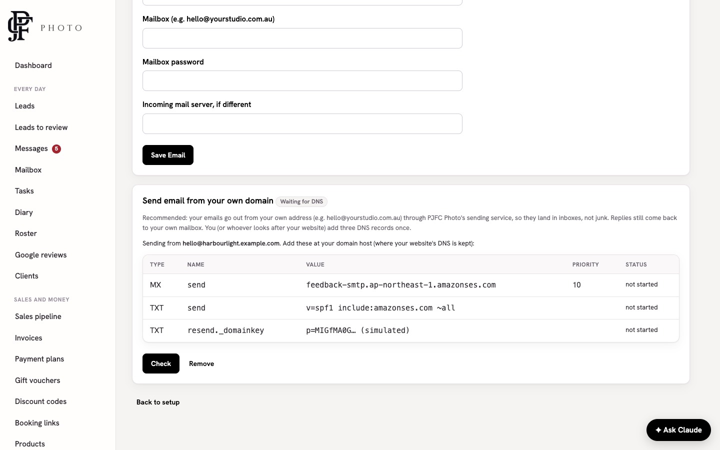 The Send email from your own domain panel listing three DNS records to add