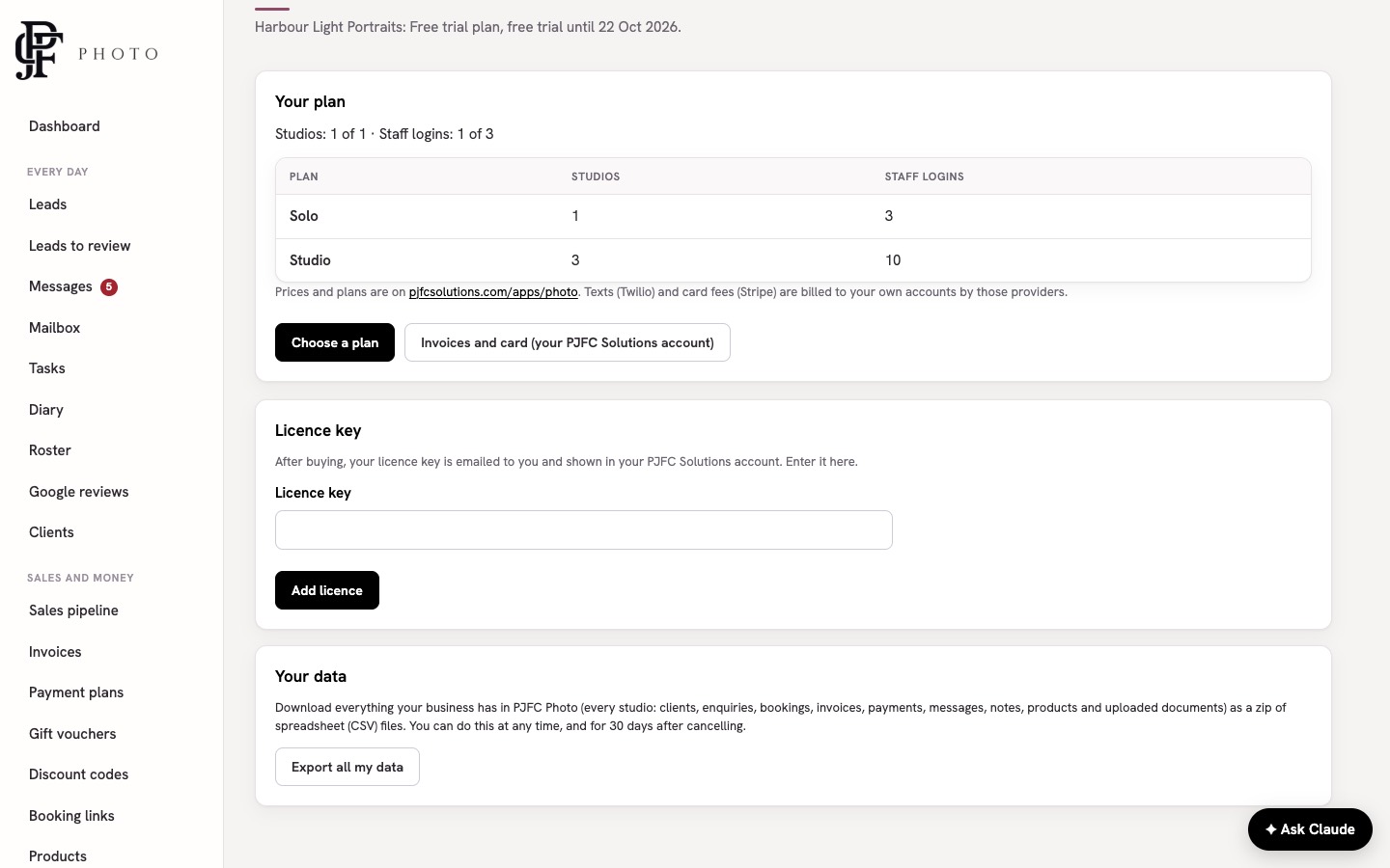 The Billing page with the Your data panel and the Export all my data button