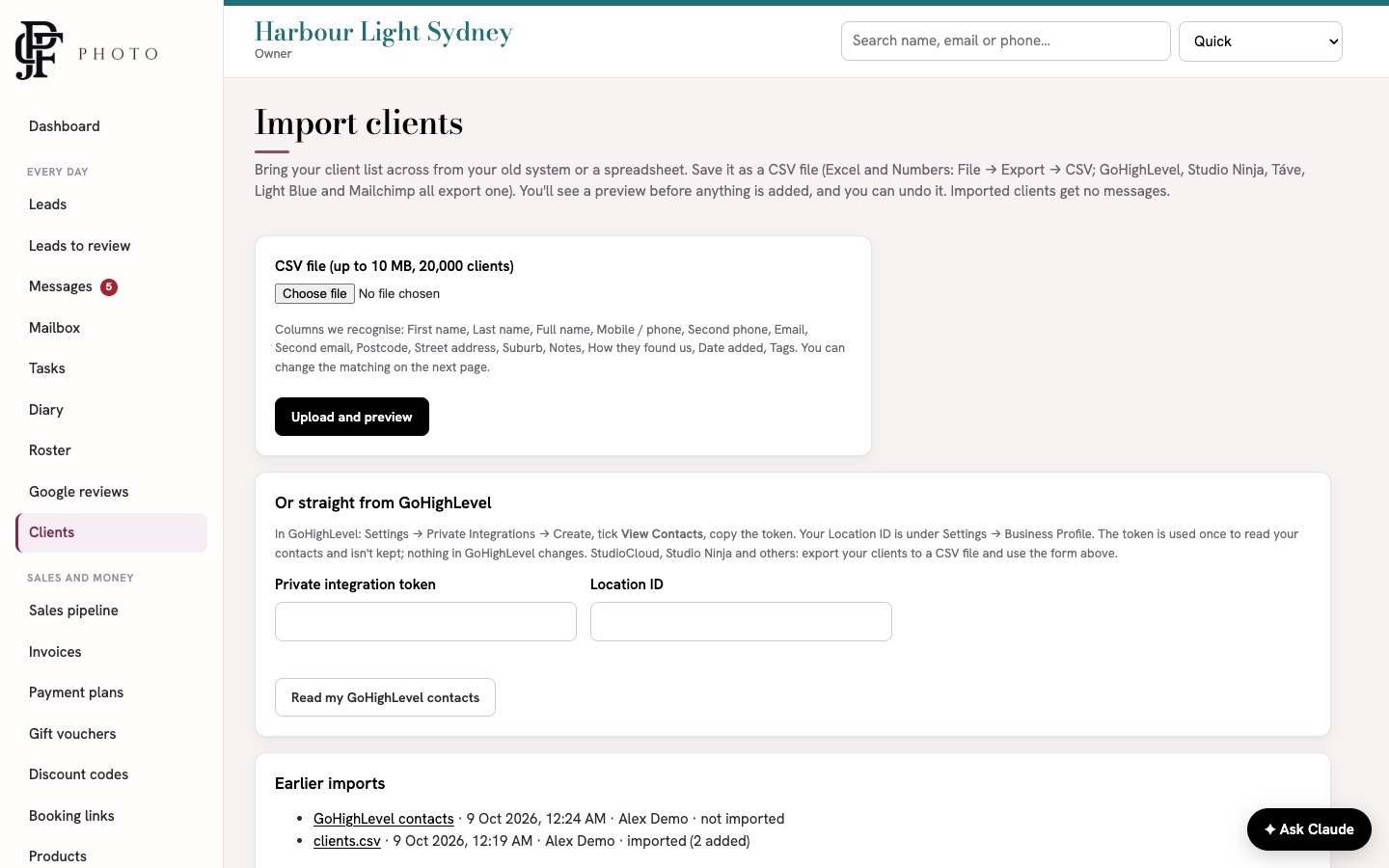The Import clients page with a CSV upload box and a GoHighLevel section