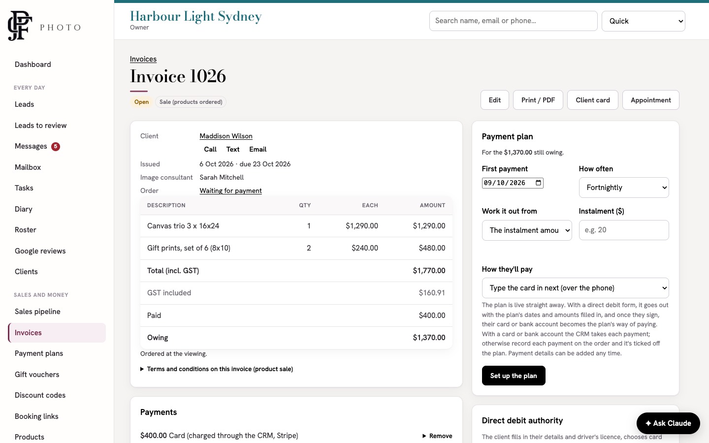 An open sale invoice with products, totals, GST, payments and the payment plan panel