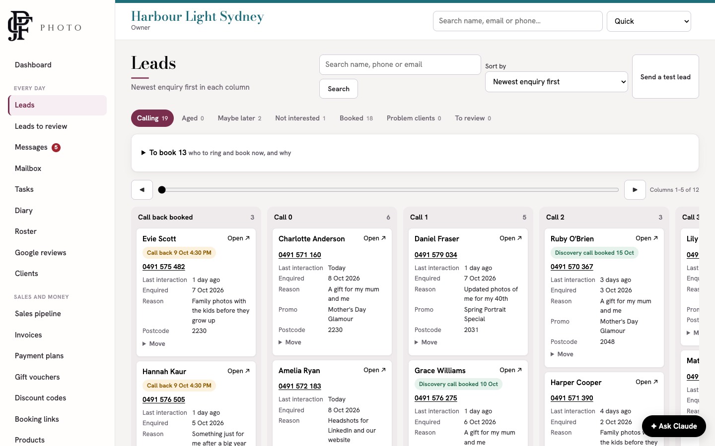 The leads board with columns for Call back booked, Call 0, Call 1 and more