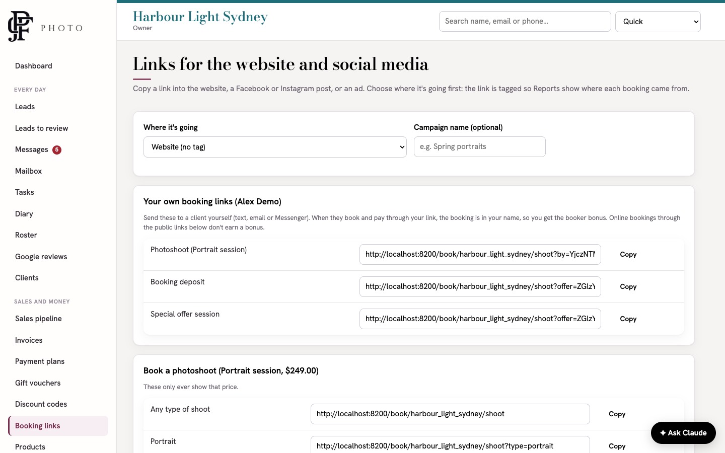 The Booking links page with a list of links and Copy buttons
