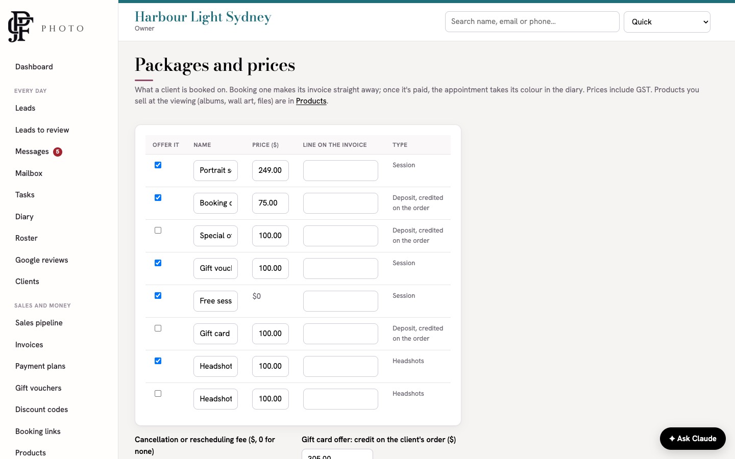 The Packages and prices page with a table of packages, prices and invoice lines