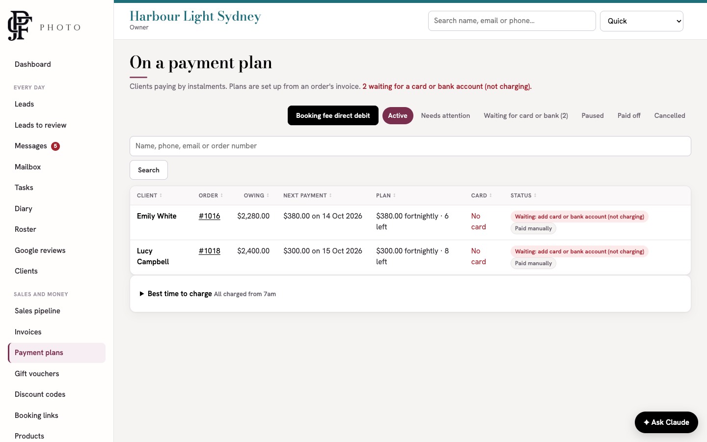The Payment plans list with tabs for Active, Needs attention, Waiting for card or bank, Paused, Paid off and Cancelled