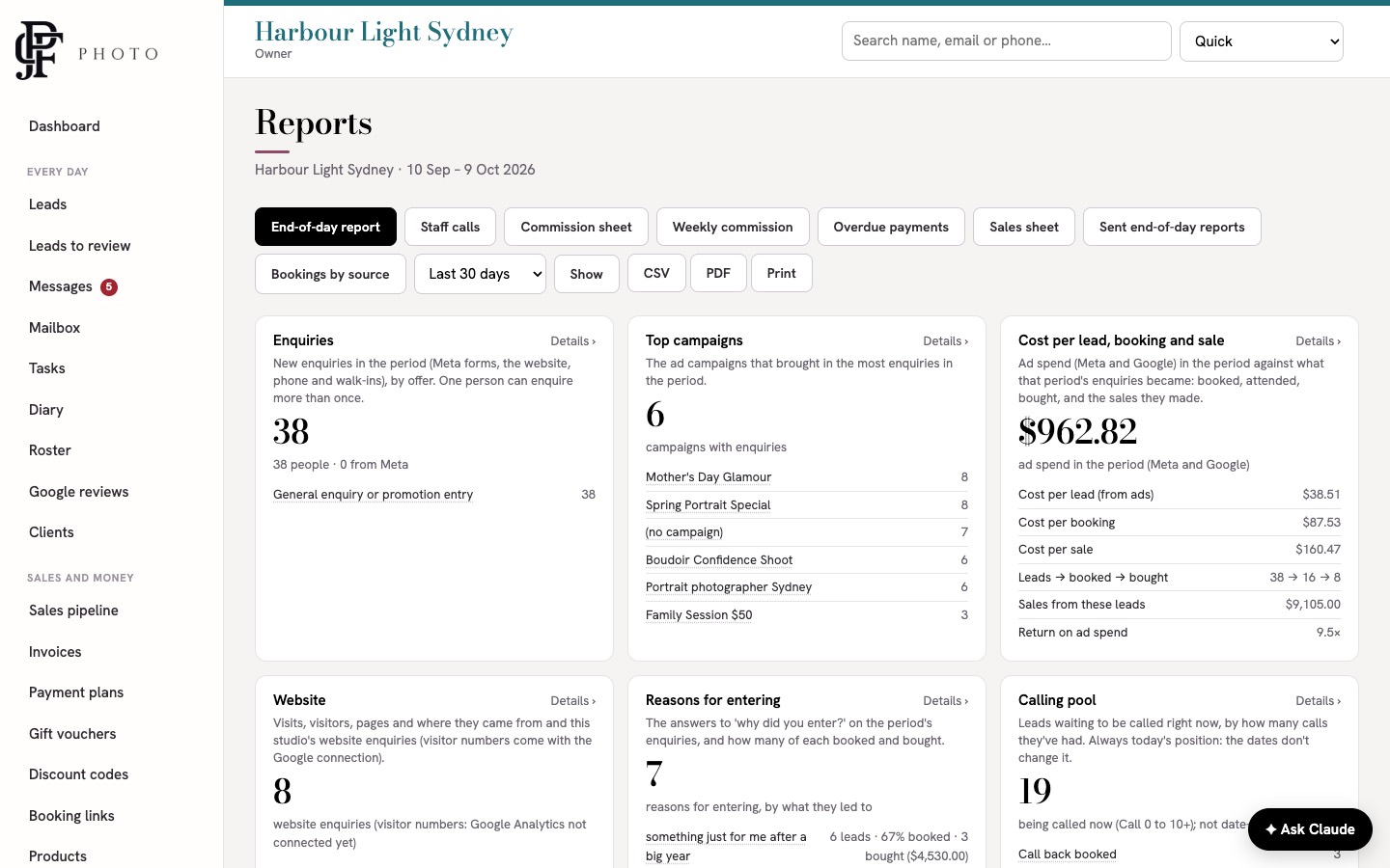 The Reports page with tiles for enquiries, top campaigns, cost per lead and website enquiries