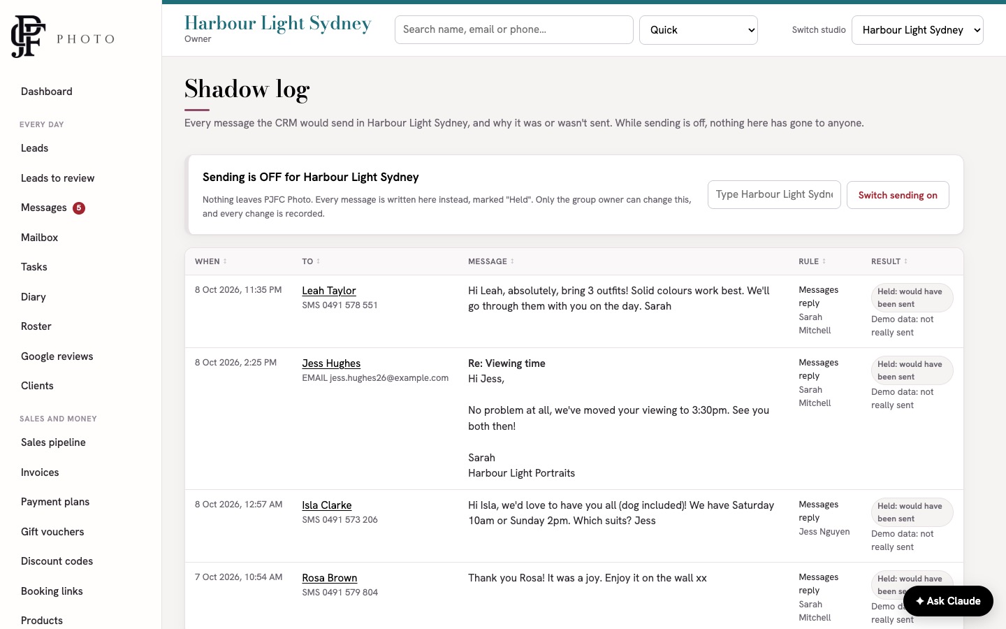 The Shadow log showing that sending is off, with a list of messages