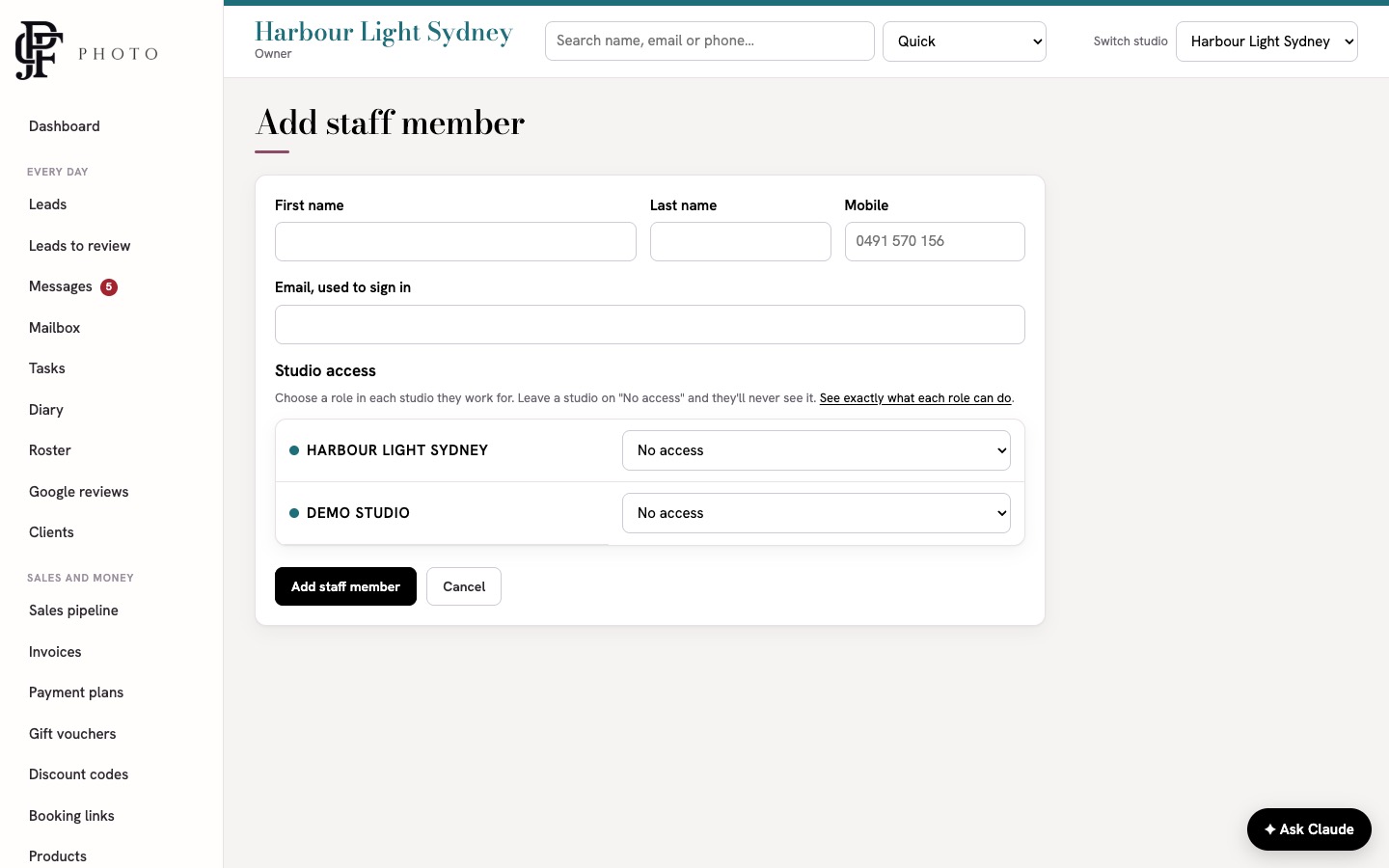 The Add staff member form with name, mobile, email and a role for each studio