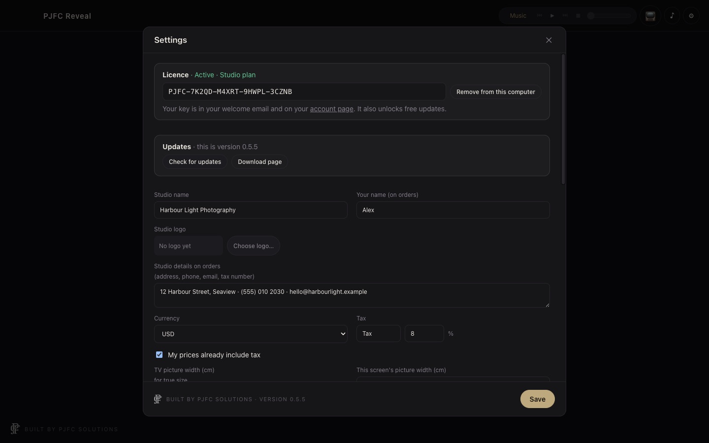 Settings with an active licence