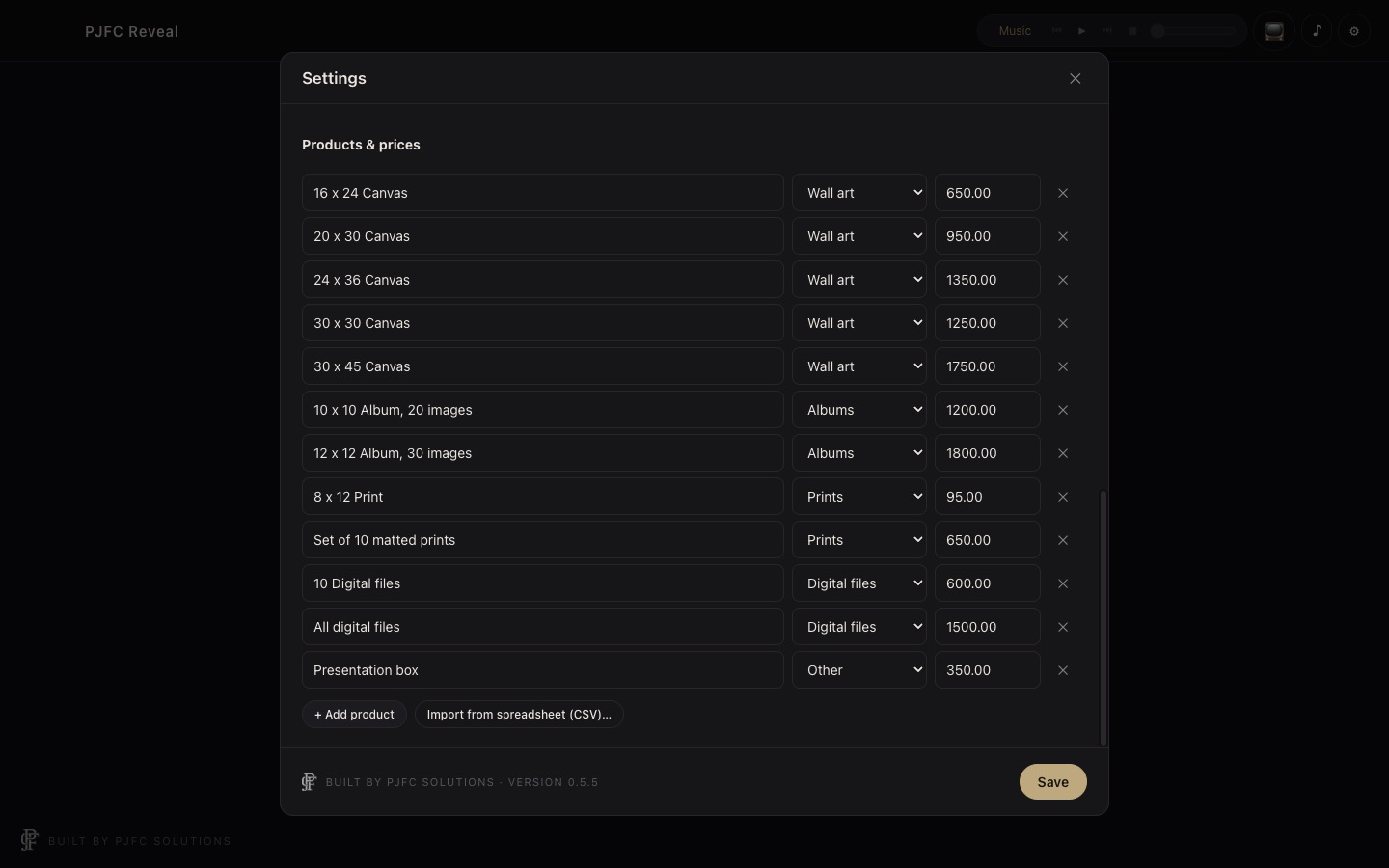 Products and prices