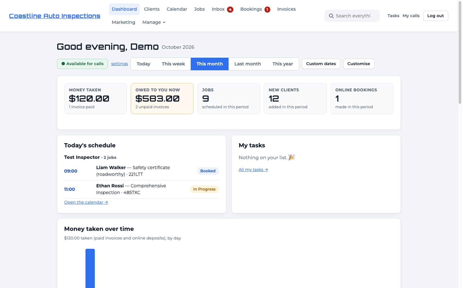 The dashboard: money taken, what you are owed, jobs, new clients and online bookings, plus today's schedule