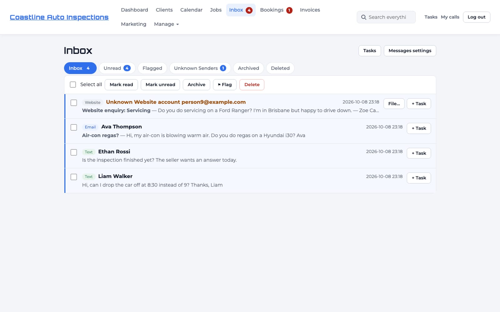One inbox: website enquiries, emails and texts from customers, ready to answer or turn into a task