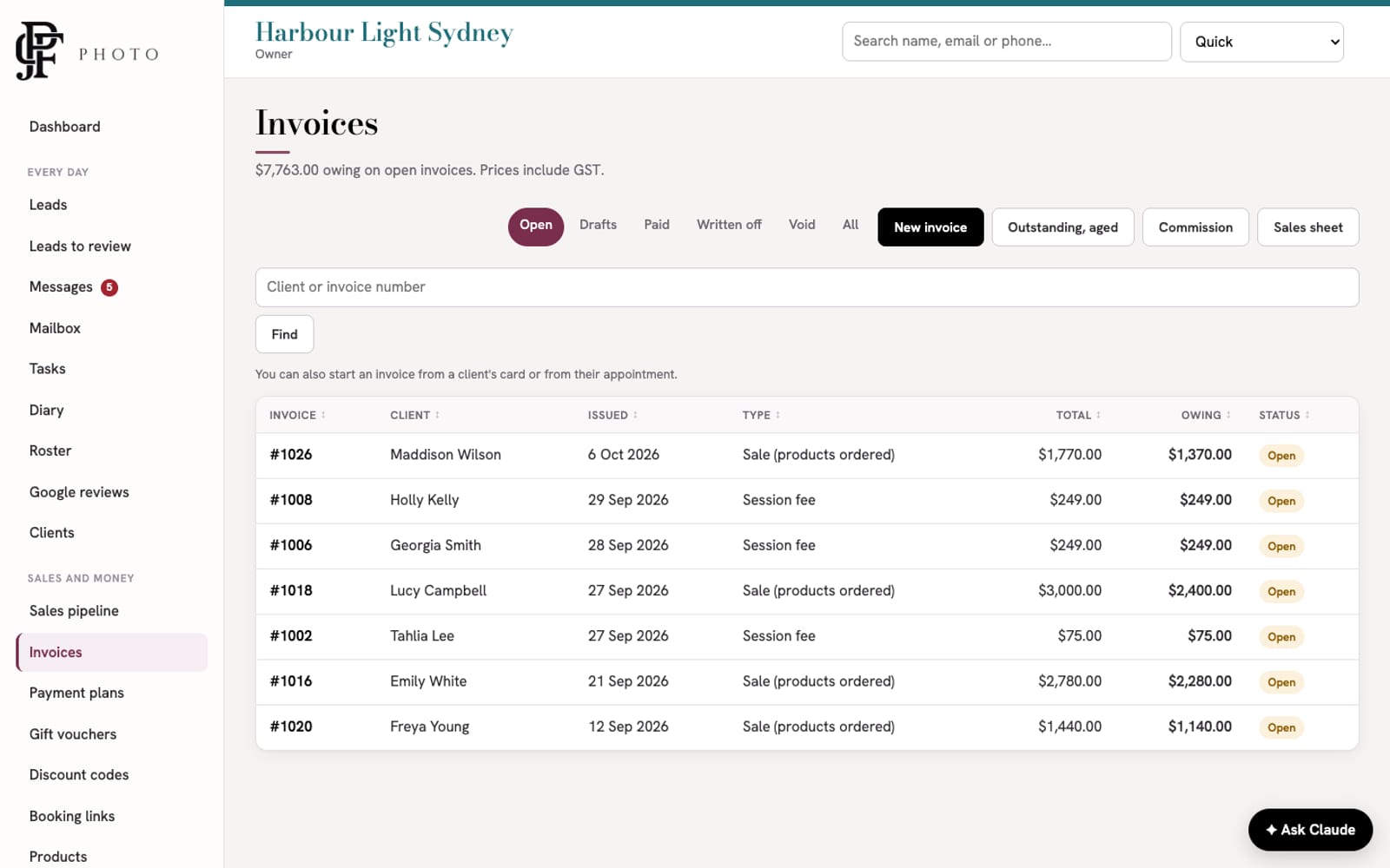 Invoices: what is owing, sales and session fees, with commission and sales sheets one click away